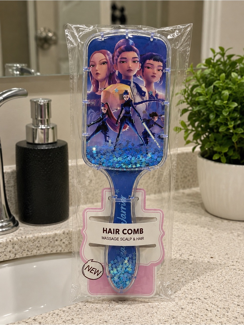 KPOP Demon Hunters Glitter Hair Brush – Blue Sparkle Paddle Brush – New Sealed